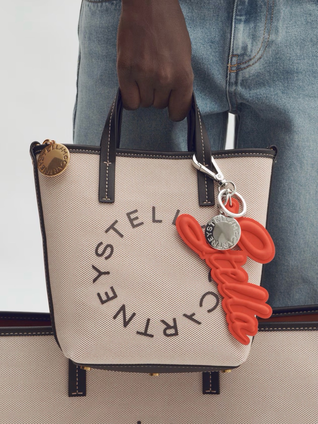 Stella Mccartney Beige And Brown Small Canvas Bag With Red Charm